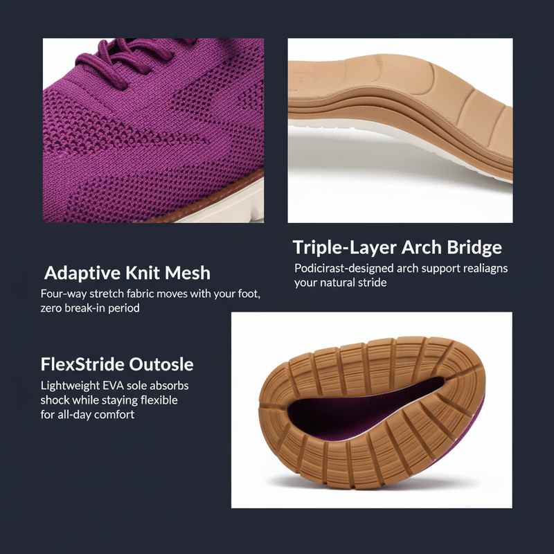 Lady Comfy - Feature Details: Adaptive Knit Mesh, Triple-Layer Arch Bridge, FlexStride Outsole